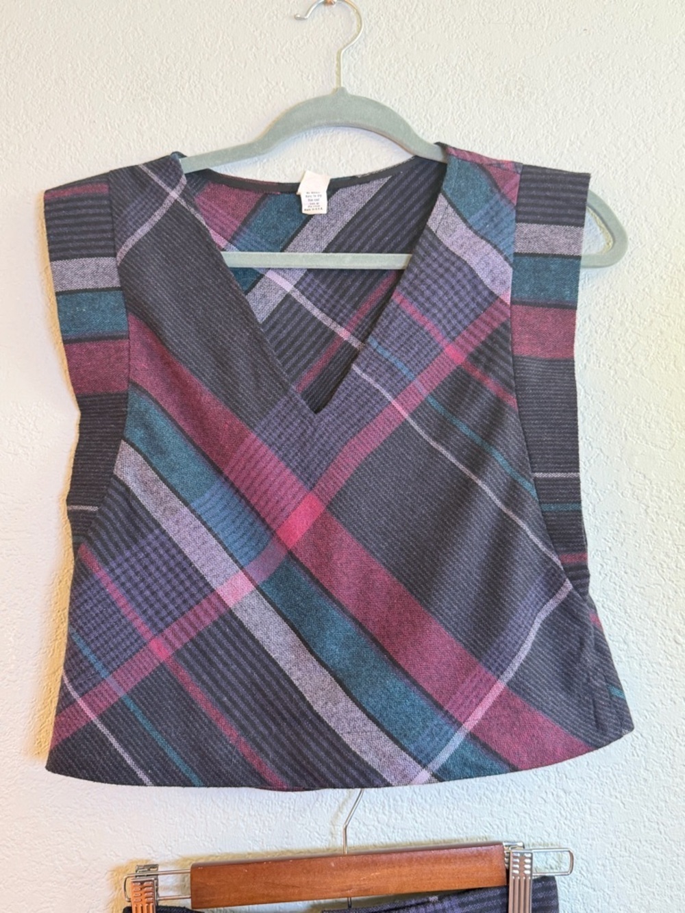 Vintage Plaid Purple Blue Retro Dolman Sleeve Vest and Midi Skirt Set Union Tag - Picture 2 of 13